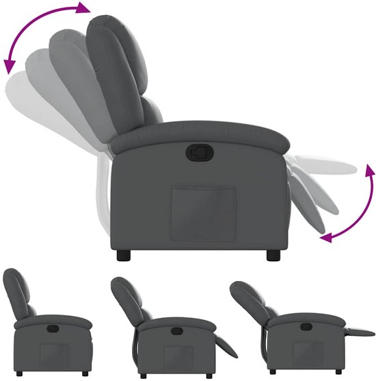 Grijze verstelbare fauteuil in kunstleer, getoond in 3 standen.
