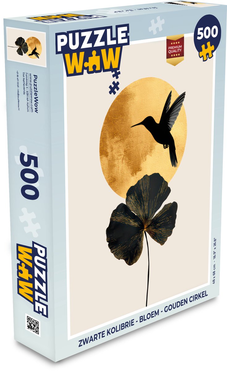 Puzzel Zwarte kolibrie - Bloem - Gouden cirkel - Legpuzzel - Puzzel 500 stukjes