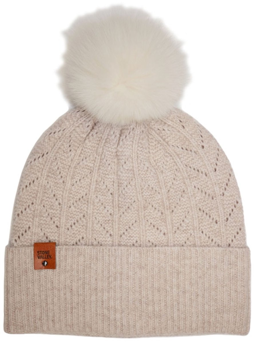 Stone Valley Merino Wol Beanie in Beige met Pompon