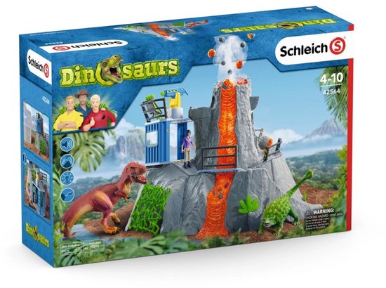 Schleich Dinosaurs speelgoed vulkaan met 2 dinosaurussen, een figuur, kraan en rookpluim.