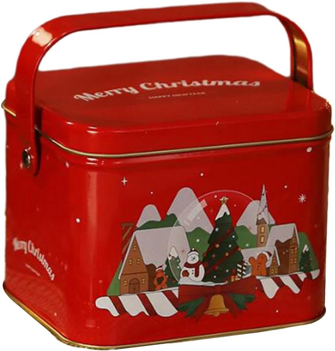 1 Kerstcadeau blikken doos - 14 × 13 × 10,5 cm - Koekjestrommel met deksel en handvat - Multifunctioneel - Decoratieve metalen geschenkdoos - Perfect voor Kerstmis, voor het bewaren van koekjes, snoep en sieraden - Rood