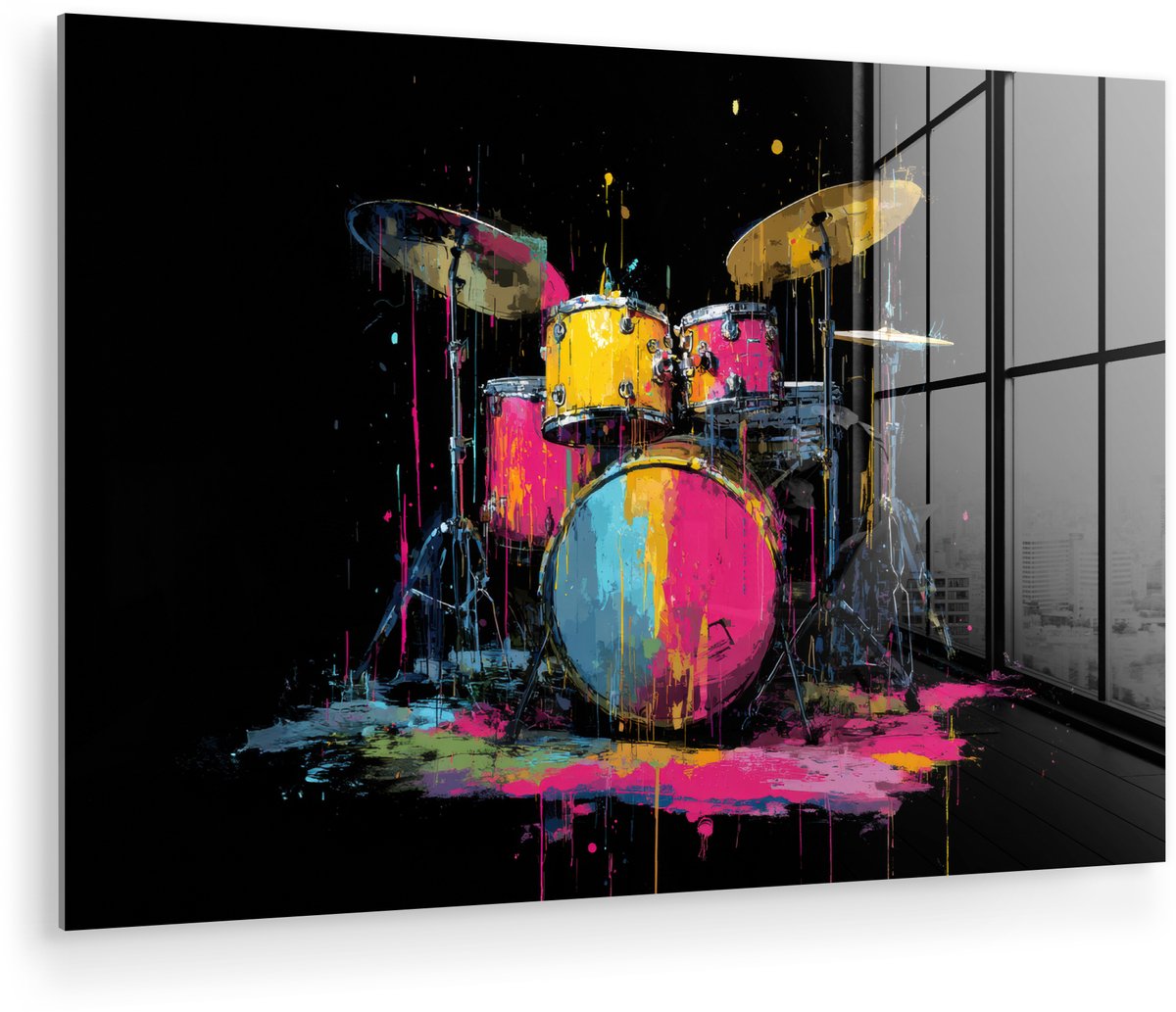 MuchoWow® Glasschilderij 120x80 cm - Schilderij acrylglas - Drumstel - Kleurrijk - Verf - Levendig - Foto op glas - Muurdecoratie woonkamer - Wanddecoratie slaapkamer - Schilderijen