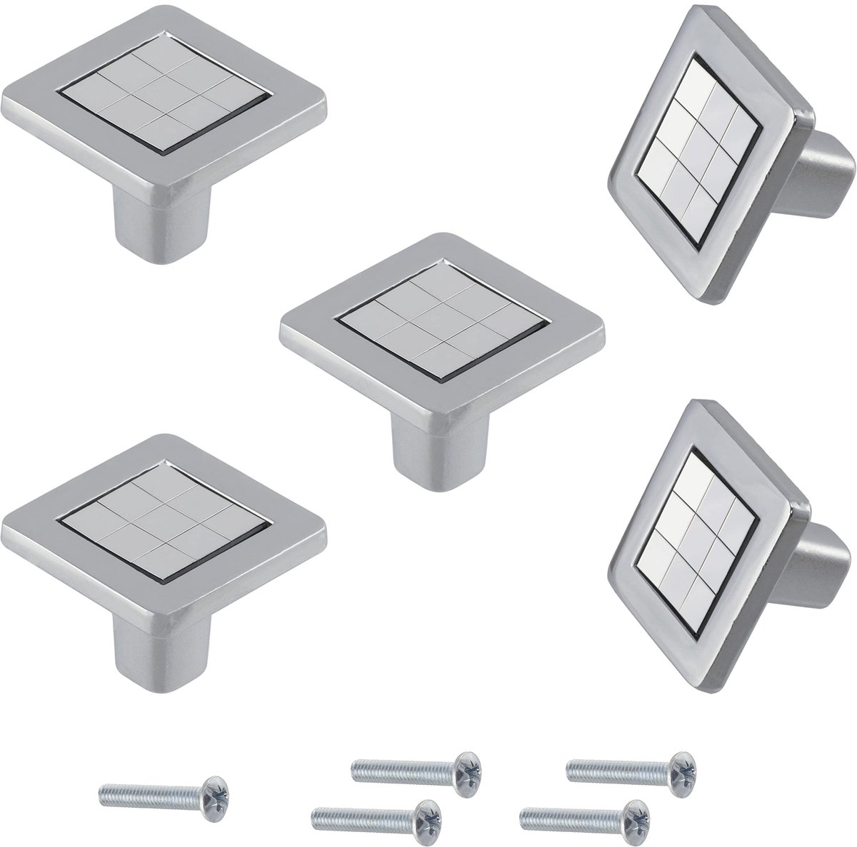 C41329-Set van 5 Vierkante Deurgrepen 25 x 25 x 19 mm - Metaal - Chroomkleur - Voor Kasten en Lades