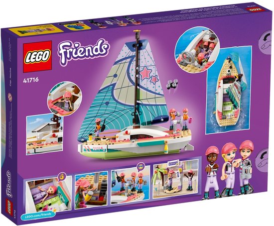 LEGO Friends zeilboot set doos met afbeelding van zeilboot met drie poppetjes en bootinterieur.