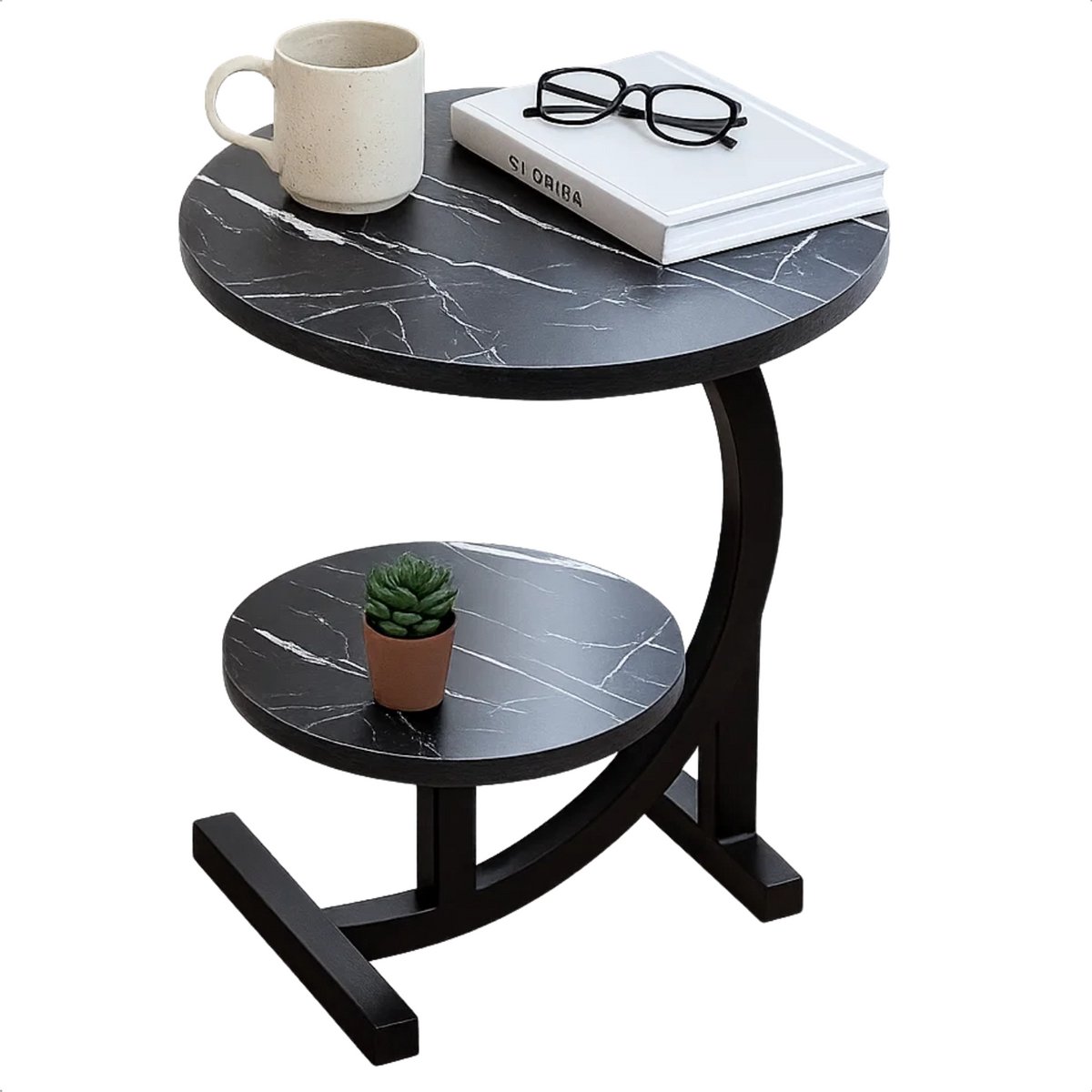 Lomera Zwart Gemarmerd Blad - Dubbel Tafelblad - Bijzettafel Zwart - Sidetable Metaal - Mdf Hout - Marmerlook Bijzettafel - Zwart Metalen Frame - Ronde Bijzettafel - Zwart Marmerlook - Moderne Bijzettafel - Luxe Design nvt
