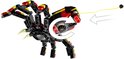 LEGO spin met acht poten, schietend met een geel koordje, met een pijl die de richting aangeeft.