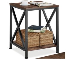 tectake® 2-laags Bijzettafel van Hout en Metaal - Nachtkastje met X-vormige Stutten - Industrieel Design - Vintage Salontafel - Zwart Metalen Frame - (Industrieel Donkerbruin)