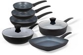 BE Living Pannenset 6-delig - Ø 20, 24 & 28 cm Koekenpan + Ø 28 cm Wokpan met Deksel + Ø 28 cm Hapjespan + Ø 28 cm grillpan - Koekenpannenset - Keramisch - Inductie Pannen - PFAS Vrij Anti Aanbak - Delight Series