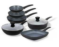 BE Living Pannenset 6-delig - Ø 20, 24 & 28 cm Koekenpan + Ø 28 cm Wokpan met Deksel + Ø 28 cm…