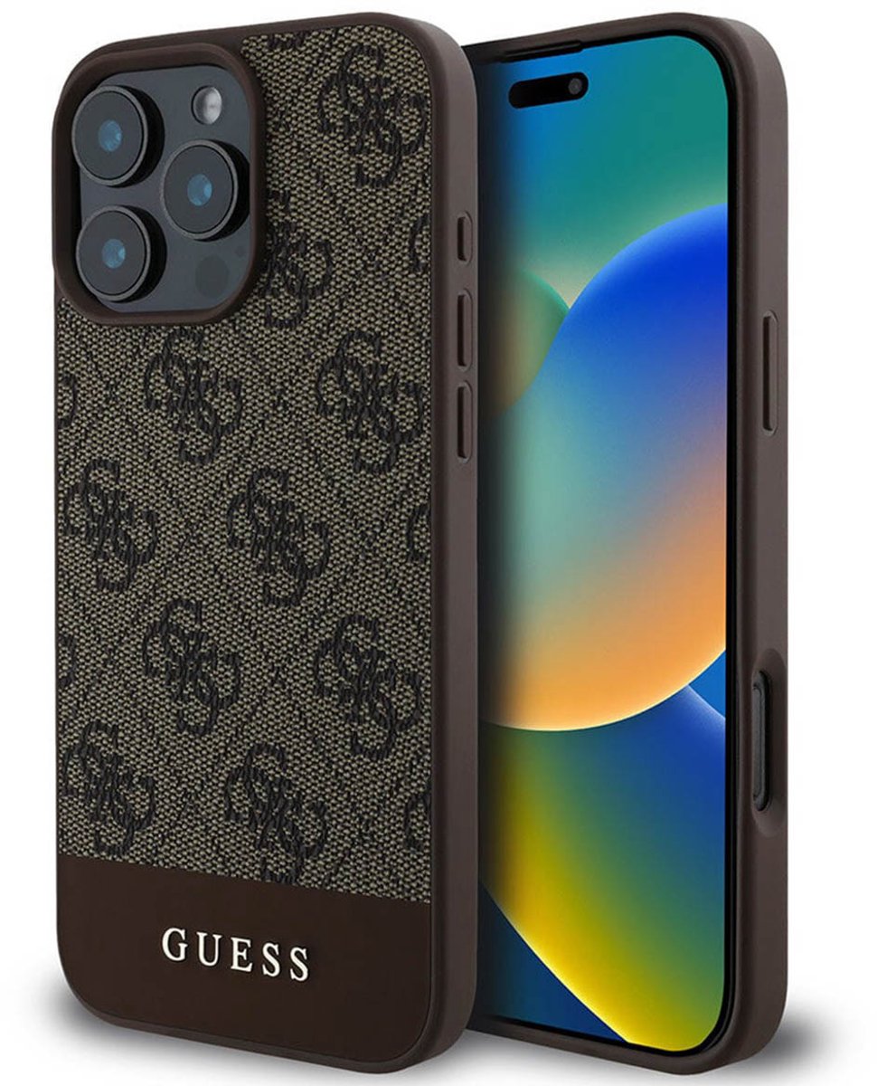 Guess 4G Bottom Stripe Hoesje Geschikt voor Apple iPhone 16 Pro Max - Back Cover Bruin