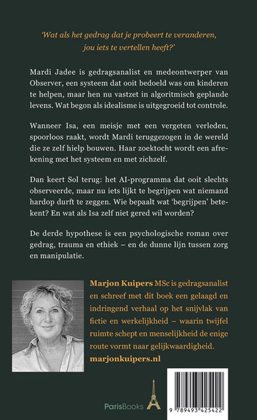 Achterflap van een boek met de titel 'De derde hypothese'. Foto van Marjon Kuipers.
