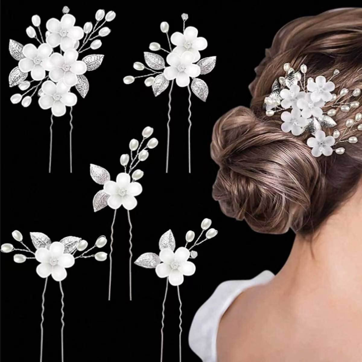 5-delige bruidsparel haarspeld met sprankelende kristallen haarspeld - wit