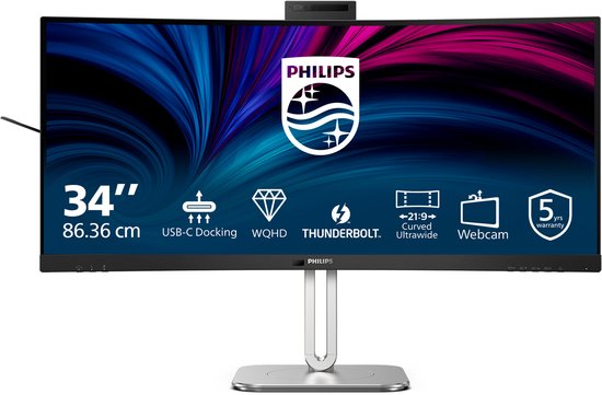 Philips 6000 series 34B2U6603CH - Curved Ultrawide Monitor - Webcam - Thunderbolt 4 - USB-C 100w - Smart KVM - 34 inch