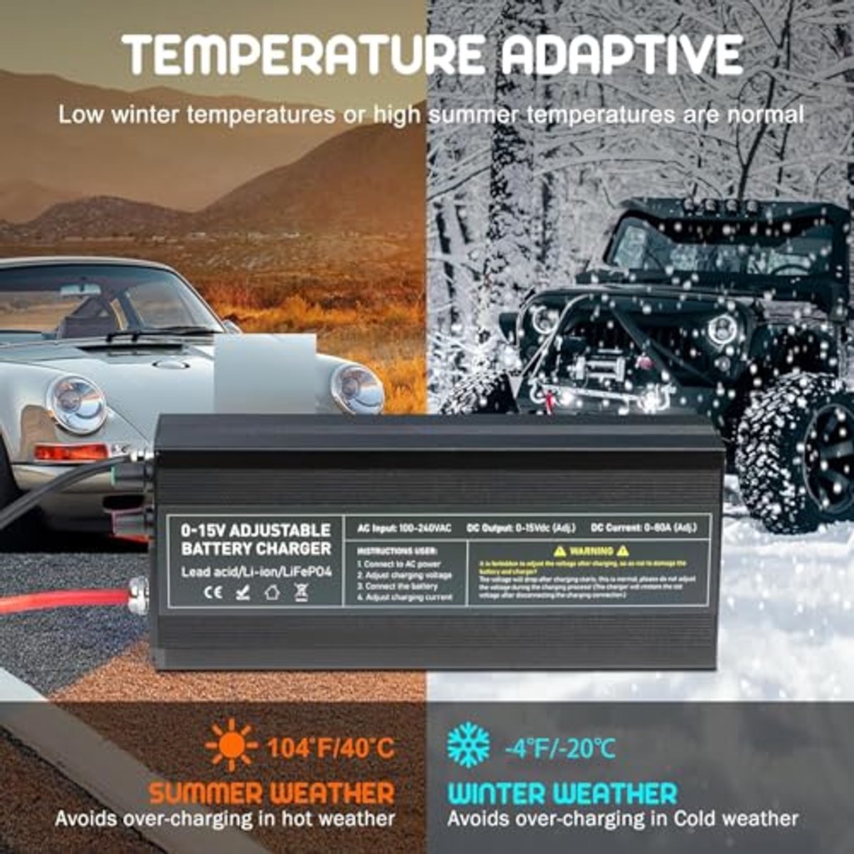 Acculader 14,6V 60A - Instelbare Sneloplader met Druppellaadfunctie voor Auto, Motorfiets en Boot