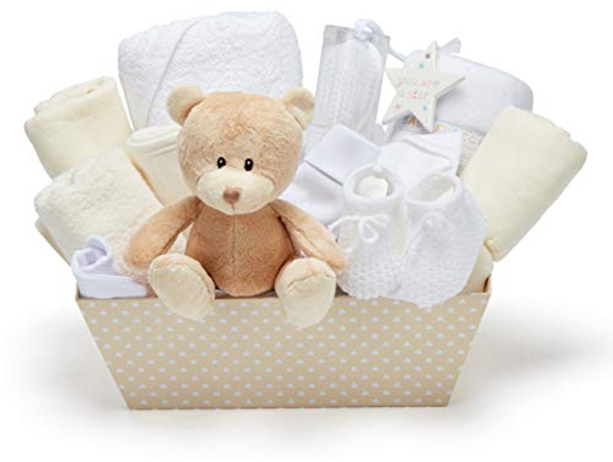 Cadeaumand voor Babyfeestjes - Fleece, Handdoek met Capuchon, Babykleding, Gaasdoeken en Teddybeer