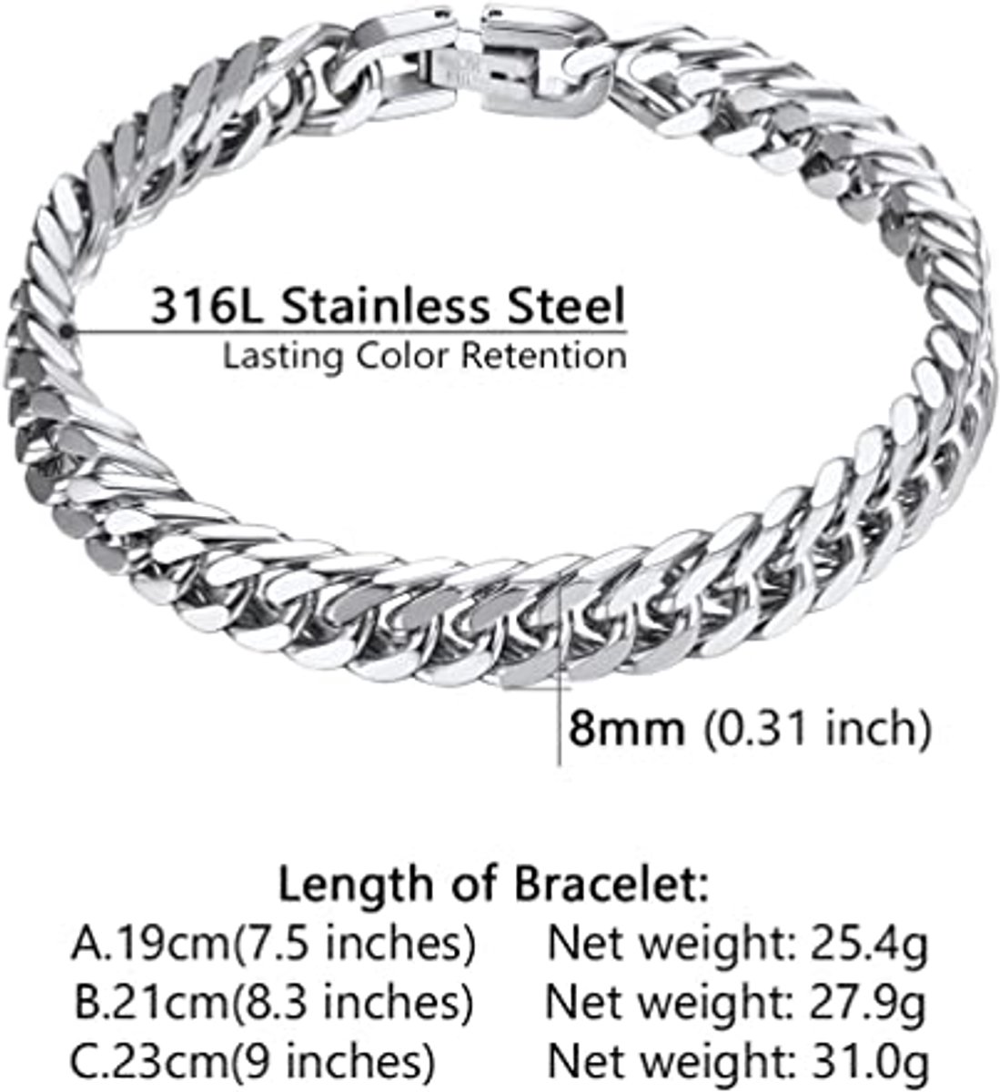 Stainless Steel Cuban Bracelets for Men - Miami Style, 8mm-12mm-17mm, Lengths 19cm-21cm-23cm