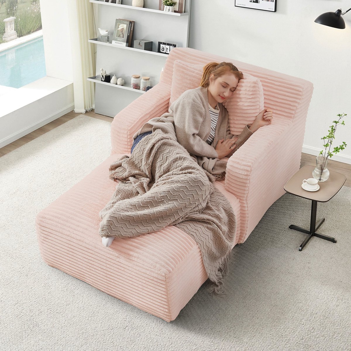 Merax Chaise Longue Bank - Zachte Corduroy Fauteuil - Comfortabel Lig- en Slaapmeubel zonder Montage - Relaxstoel voor Woonkamer - Slaapkamer of Kantoor - Roze - 166×100×74 cm