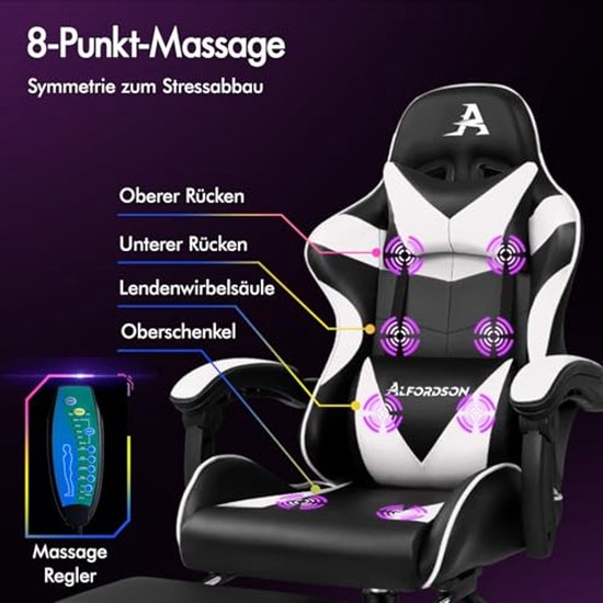 Gaming Massage Stoel - Ergonomische Bureaustoel met Hoof steun en Opvouwbare Voetensteun - Comfortabel en Verstelbaar - Draagvermogen 180 kg - Wit — afbeelding 4