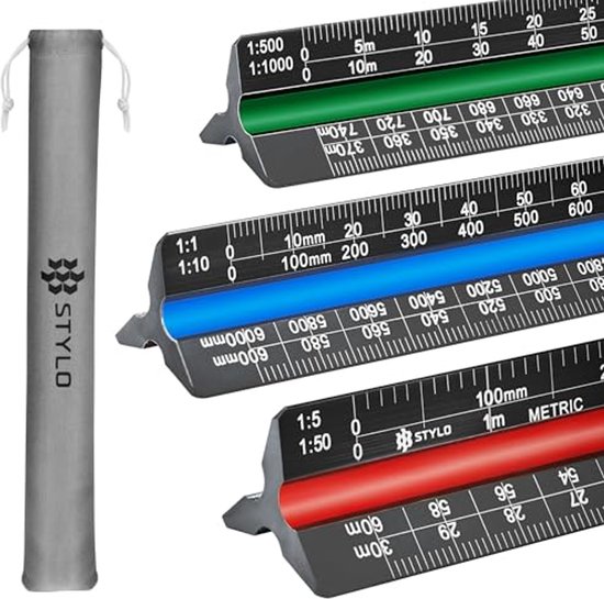 Aluminium architectenschaal - 30cm lasergeëtste driehoek tekenlineaal met kleurgecodeerde groeven voor blauwdruk, tekenen - architectonische schaal (blauw, metrische eenheden