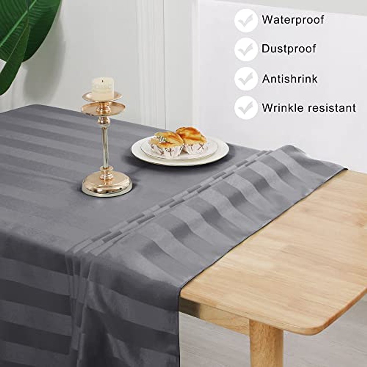 Rechthoekig tafelkleed voor buiten, waterdicht en gestreept, 135 x 200 cm, grijs
