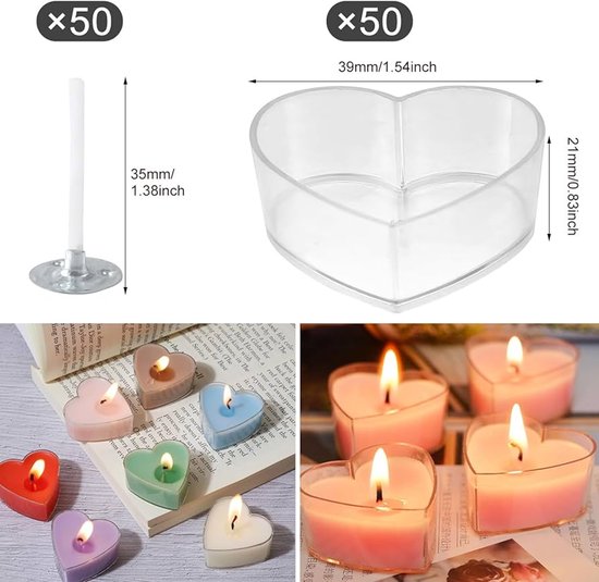 Transparante houders voor kaarsen, 50 stuks, kaarsglazen, mm met lonten, houder voor kaarsen, kaarsenhouder in de vorm van theelichtjes voor bruiloften, feesten en tafeldecoraties (39 mm x 21 mm