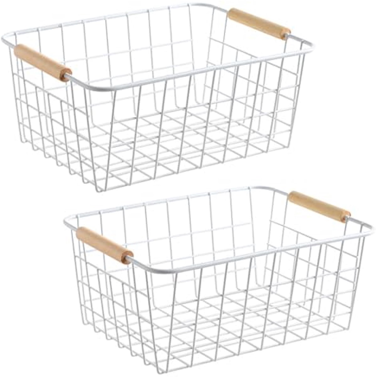 Witte Draadmanden met Houten Handgrepen - Set van 2 voor Organisatie en Opberging