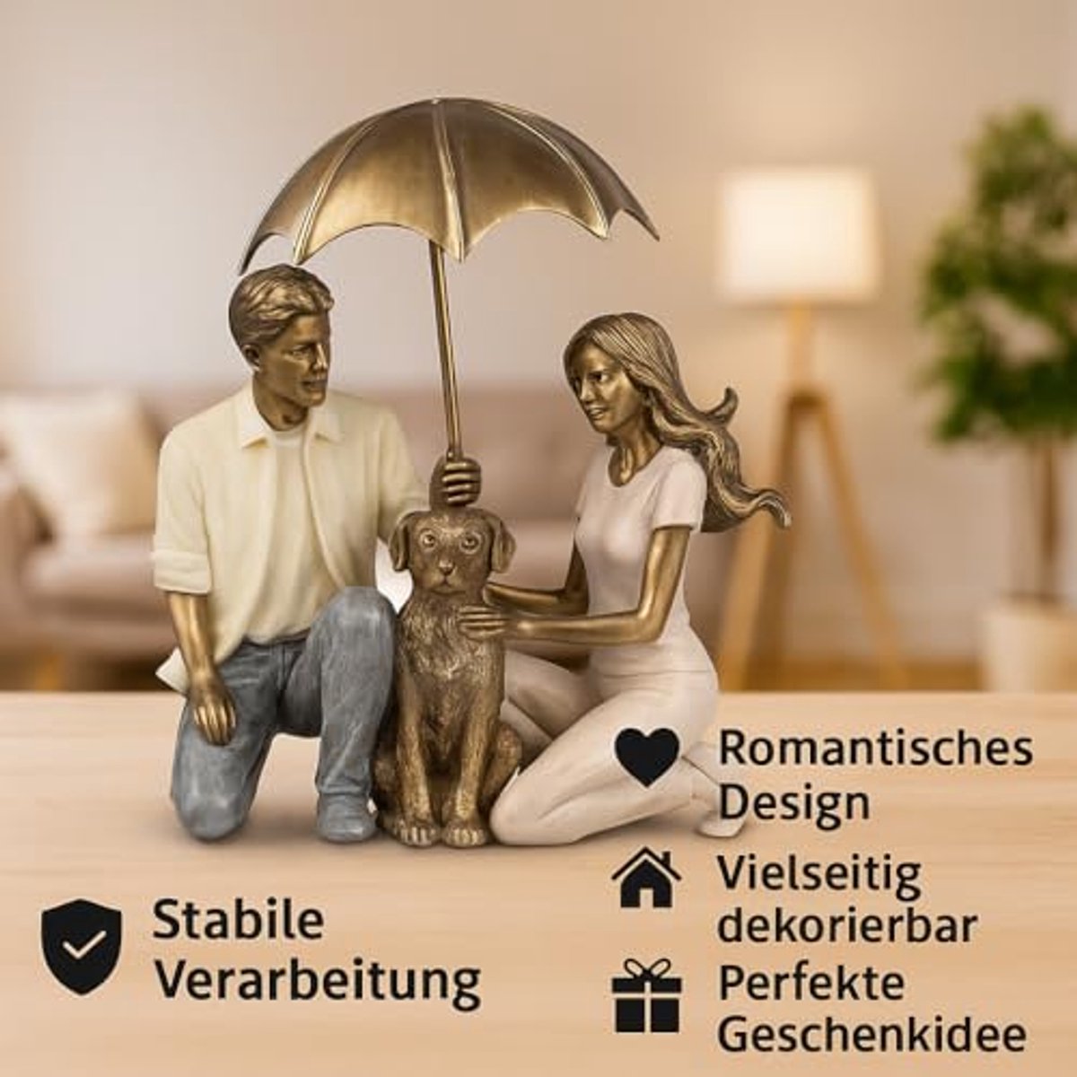 Decoratieve Sculptuur van Paar met Hond en Parasols in Polyhars