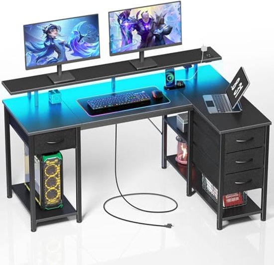 Foto: L vormig computerbureau met opbergladen en led verlichting 47 inch gaming bureau met stopcontacten en monitorstand