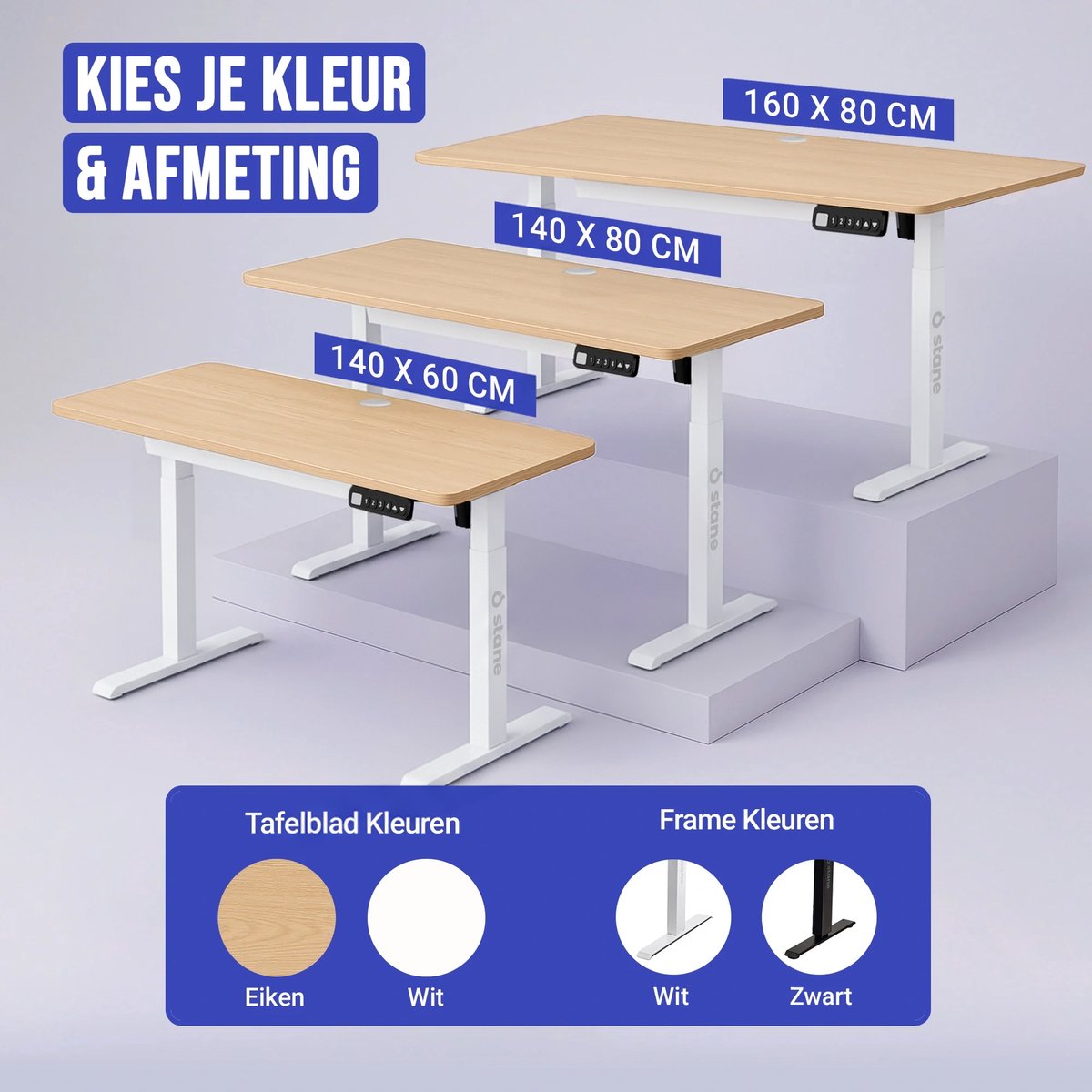 Stane Zit Sta Bureau Elektrisch Verstelbaar - Kabelgoot - 140 x 80 cm - Eiken Blad, Wit Frame thumbnail 3