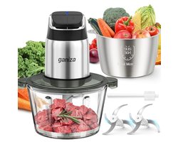 Foodprocessor en vleesmaler met glazen en roestvrijstalen kommen, 450W motor en oververhittingsbeveiliging