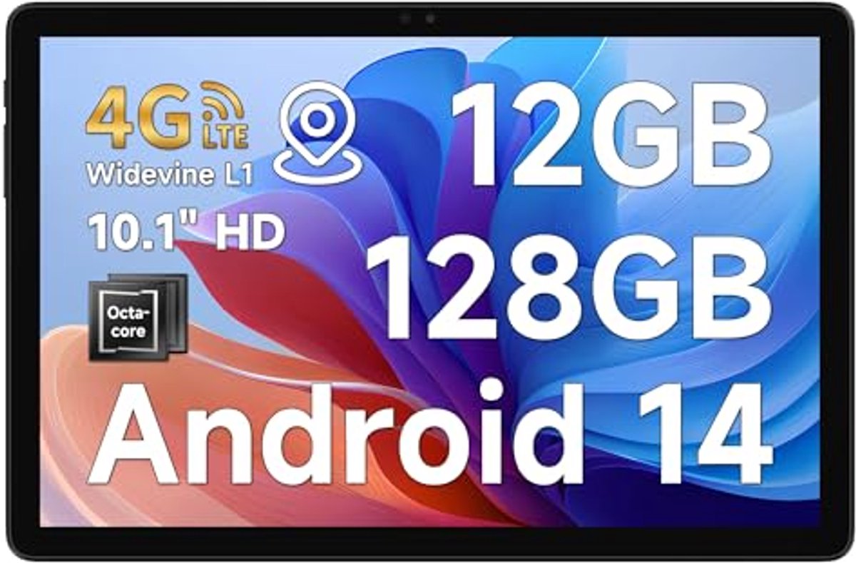 10.1 Inch 4G Tablet met Android 14, 12GB RAM, 128GB Opslag, Dual SIM, 5MP/8MP Camera