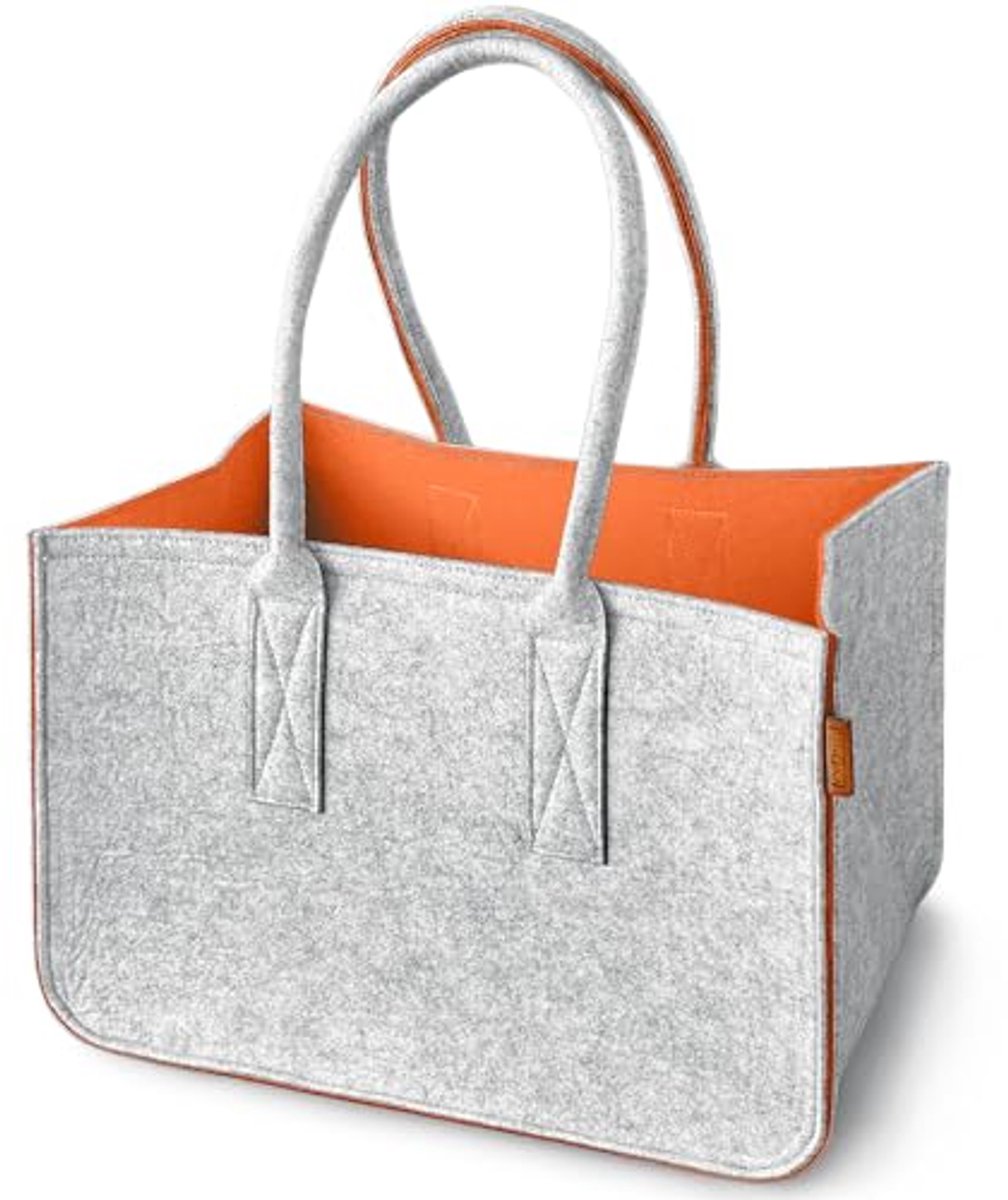 Grote Vilten Shopper met Handvat en Binnenzak - Lichtgrijs/Oranje