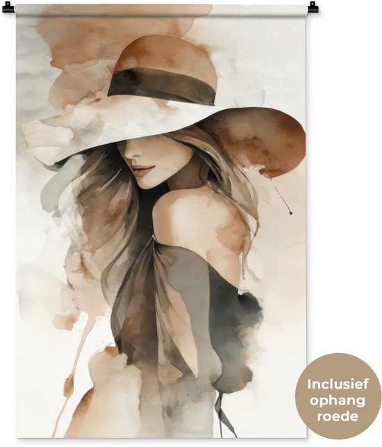 Wandkleed 90x135 cm - Wanddoek Mysterieus - Vrouw - Sepia - Wandtapijt - Wandkleden