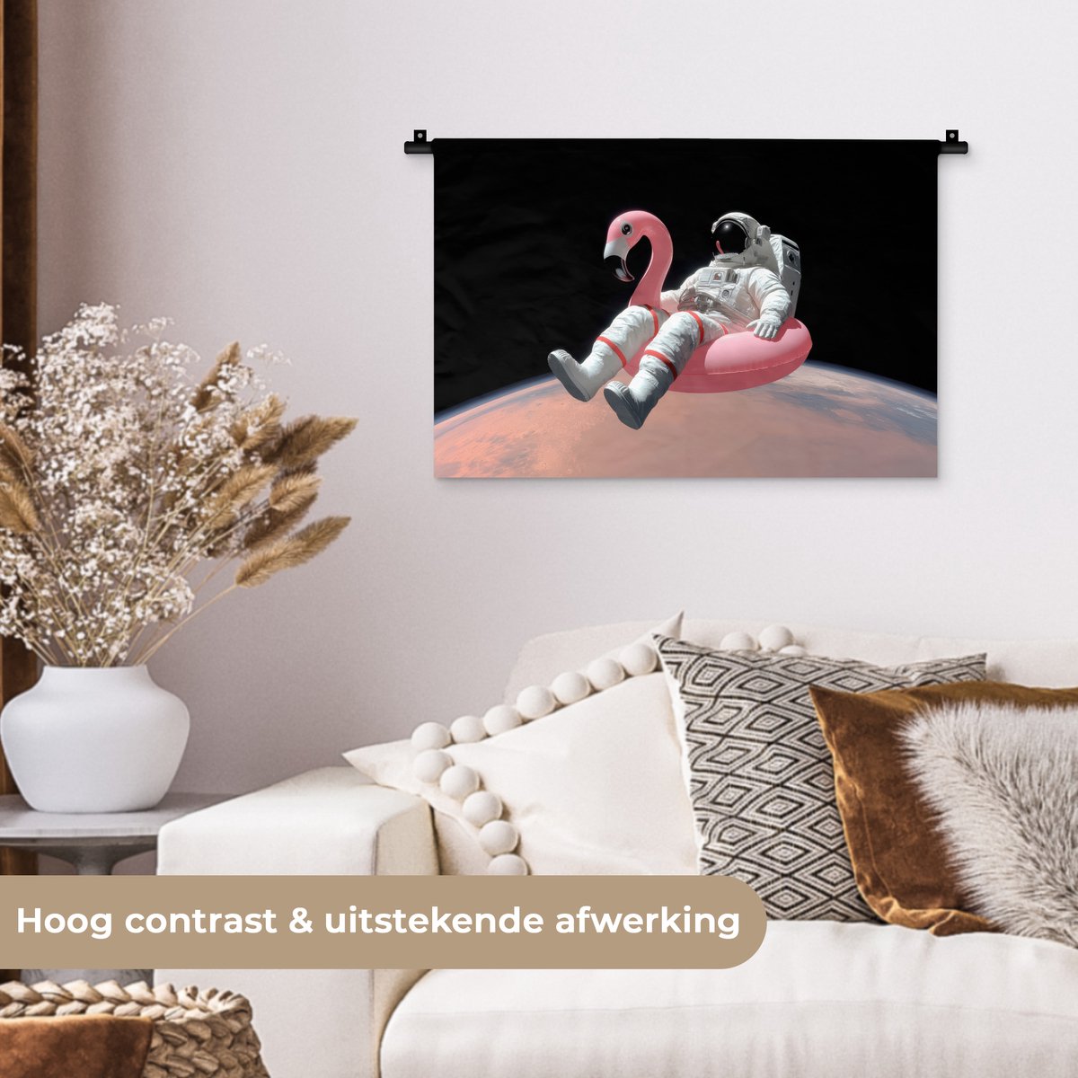 Wandkleed 60x40 cm - Wanddoek Astronaut - Flamingo - Zwemband - Roze - Wandtapijt - Wandkleden