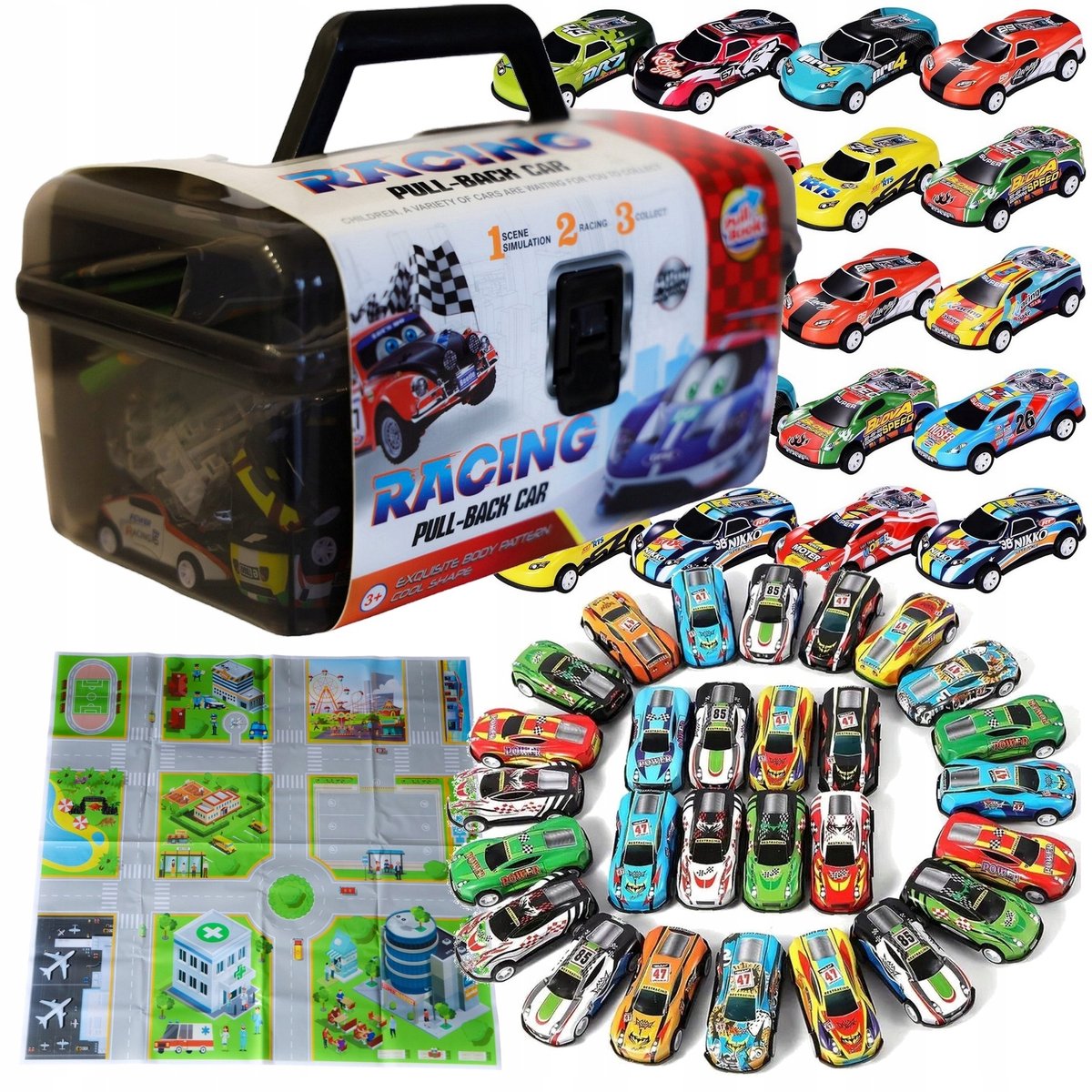 Grote Set Metalen Raceauto's met Pull-Back Motor & Accessoires