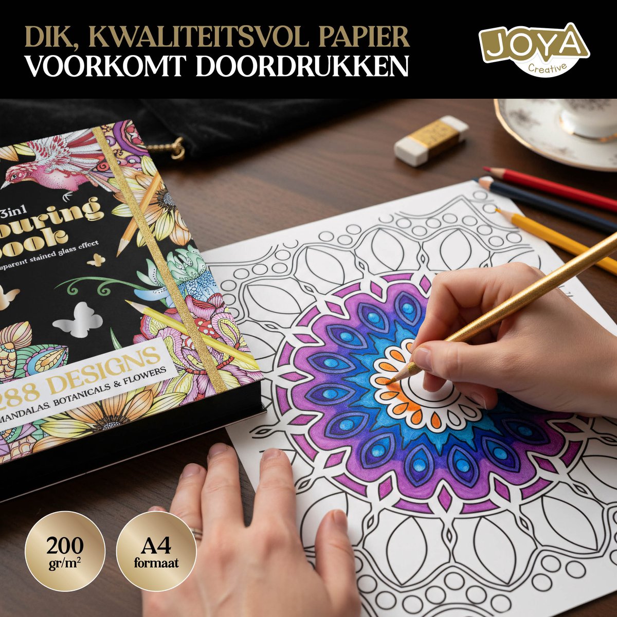 Luxe Kleurboek Voor Volwassenen - 288 Kleurplaten - Foliedruk Kleurplaten - Glas in lood effecten - Formaat 25x20cm - Botanisch, Dieren en Mandala kleurplaten - Creatief ontspanning voor Volwassenen - Joya Creative — afbeelding 4
