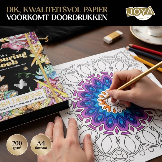 Luxe Kleurboek Voor Volwassenen - 288 Kleurplaten - Foliedruk Kleurplaten - Glas in lood effecten - Formaat 25x20cm - Botanisch, Dieren en Mandala kleurplaten - Creatief ontspanning voor Volwassenen - Joya Creative