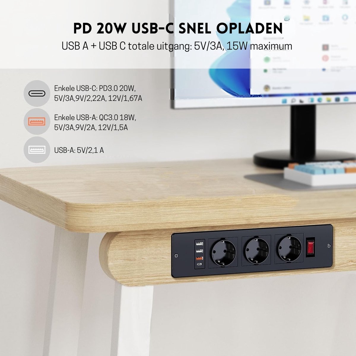 StayPowered Tafelstopcontact - Stijlvol en Kabelvrij Werken - USB-C PD 20W - 3 Stopcontacten - 3 USB-A Poorten - Aan/Uit Schakelaar - Ruimtebesparend Inbouwdesign - 2m Kabel - Eenvoudig te Installeren - Kleur Zwart - Levering Sneller dan Aangegeven!