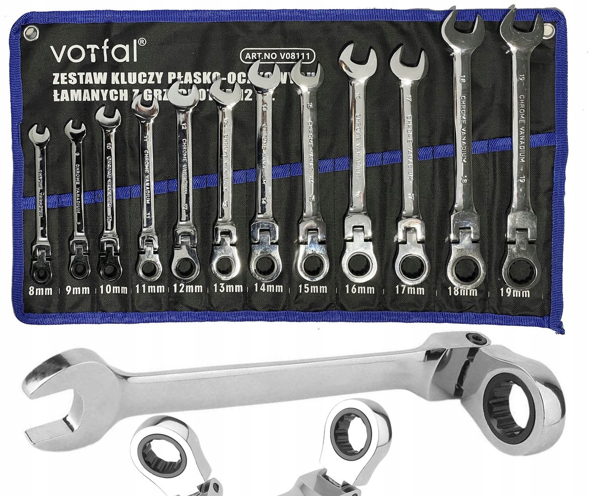 Set Ringsleutels met Ratel, Gebogen, 12 Delig, 8-19mm