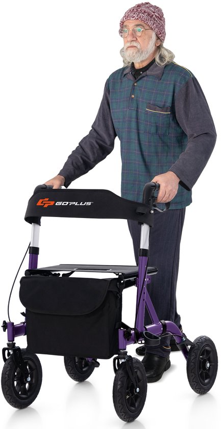 COSTWAY Rollator met luchtbanden, opvouwbaar en lichtgewicht met zitting, aluminium, tot 160 kg, 2 in 1 rolstoel & rollator, loophulp met 6 hoogte-instellingen, looprek met tas