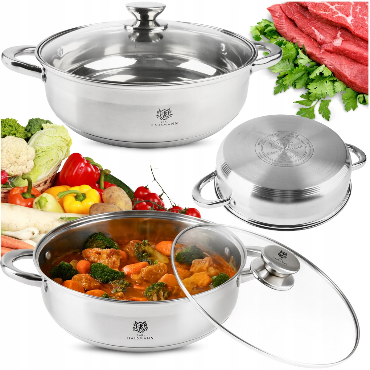 Karl Hausmann Lage Koekenpan RVS 5.2L 28cm met Deksel - Inductie