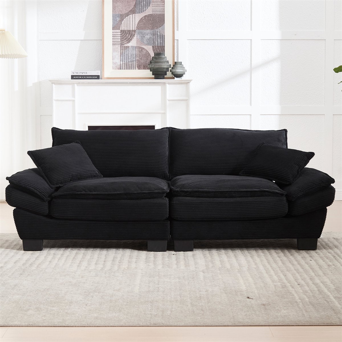 YEHTOKHOME 2-Zits Bank - Comfortabel Gestoffeerde bank met armleuning - Tweepersoonsbank met 2 lendenkussens - Minimalistische stijl - Velvet - Zwart