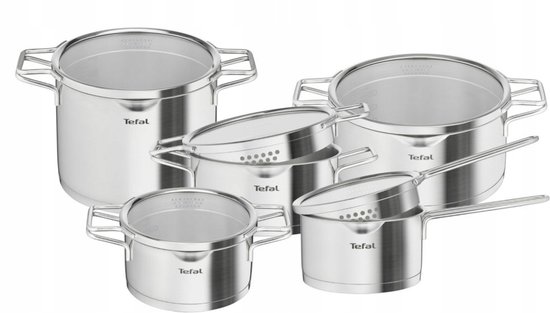 Set van vijf Tefal roestvrijstalen kookpannen met glazen deksels.