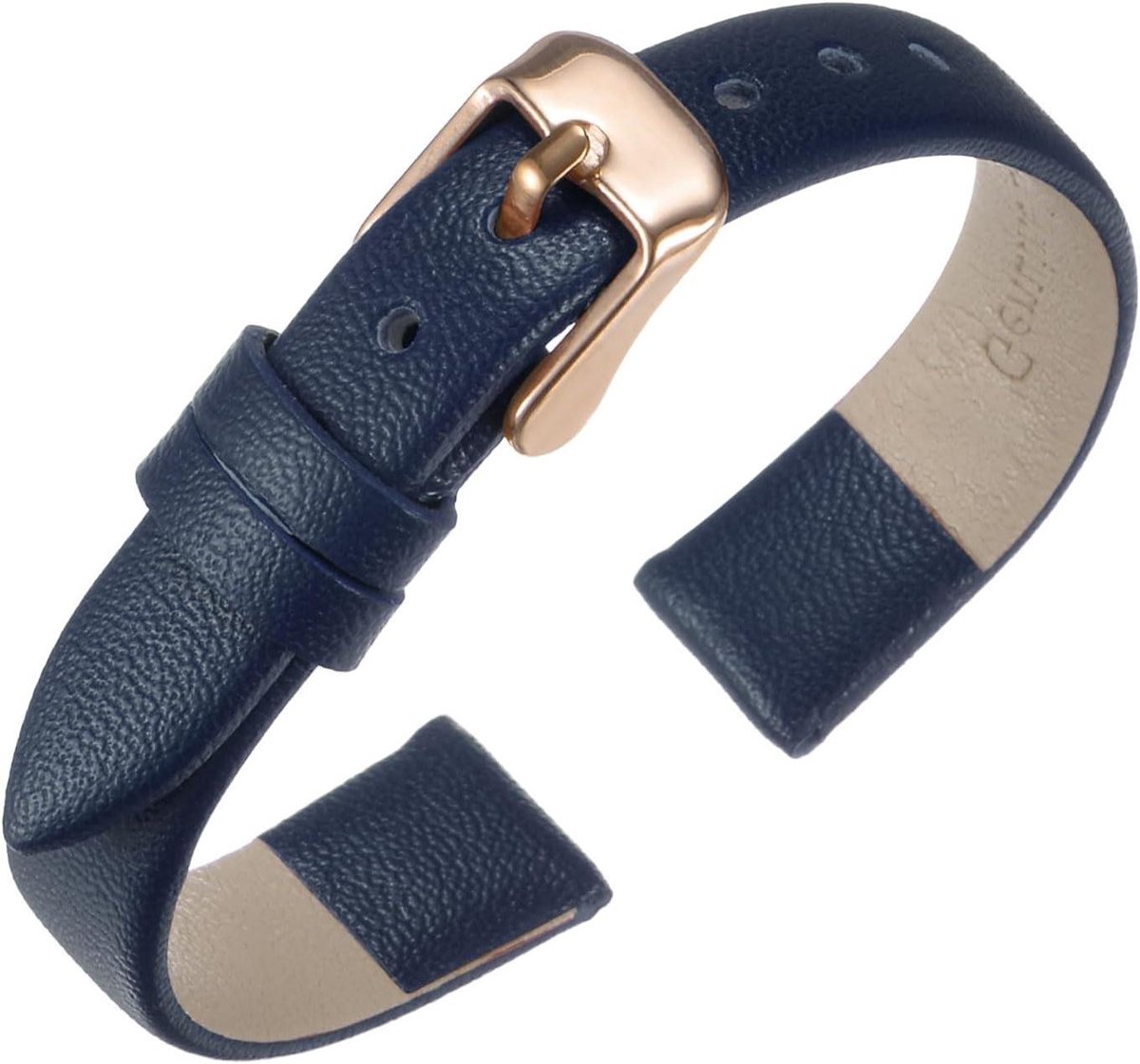 Leren horlogebandje 12 mm donkerblauw van echt leer met roestvrijstalen gesp