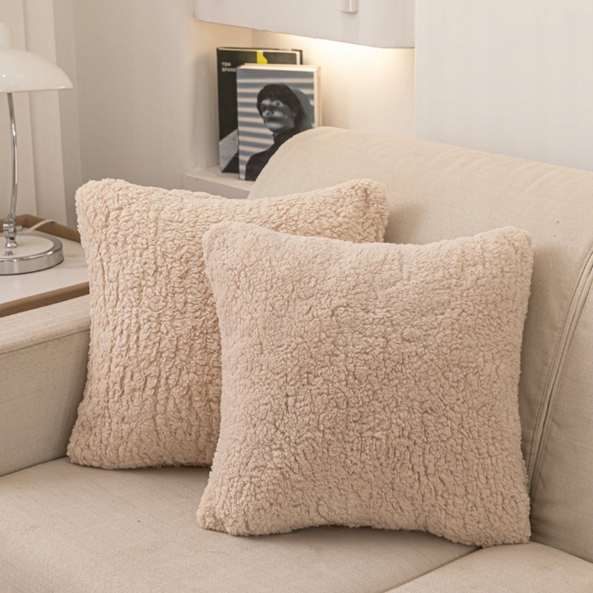 Zachte Boucle Kussenhoes 45x45cm - Teddy Stijl - Beige