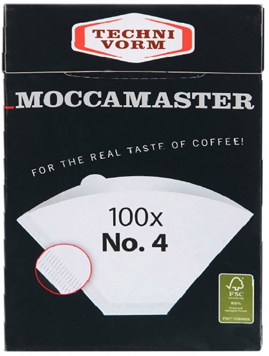 Zwarte doos met "Techni Vorm" en "Moccamaster" logo. Bevat 100 koffiefilters, maat 4.