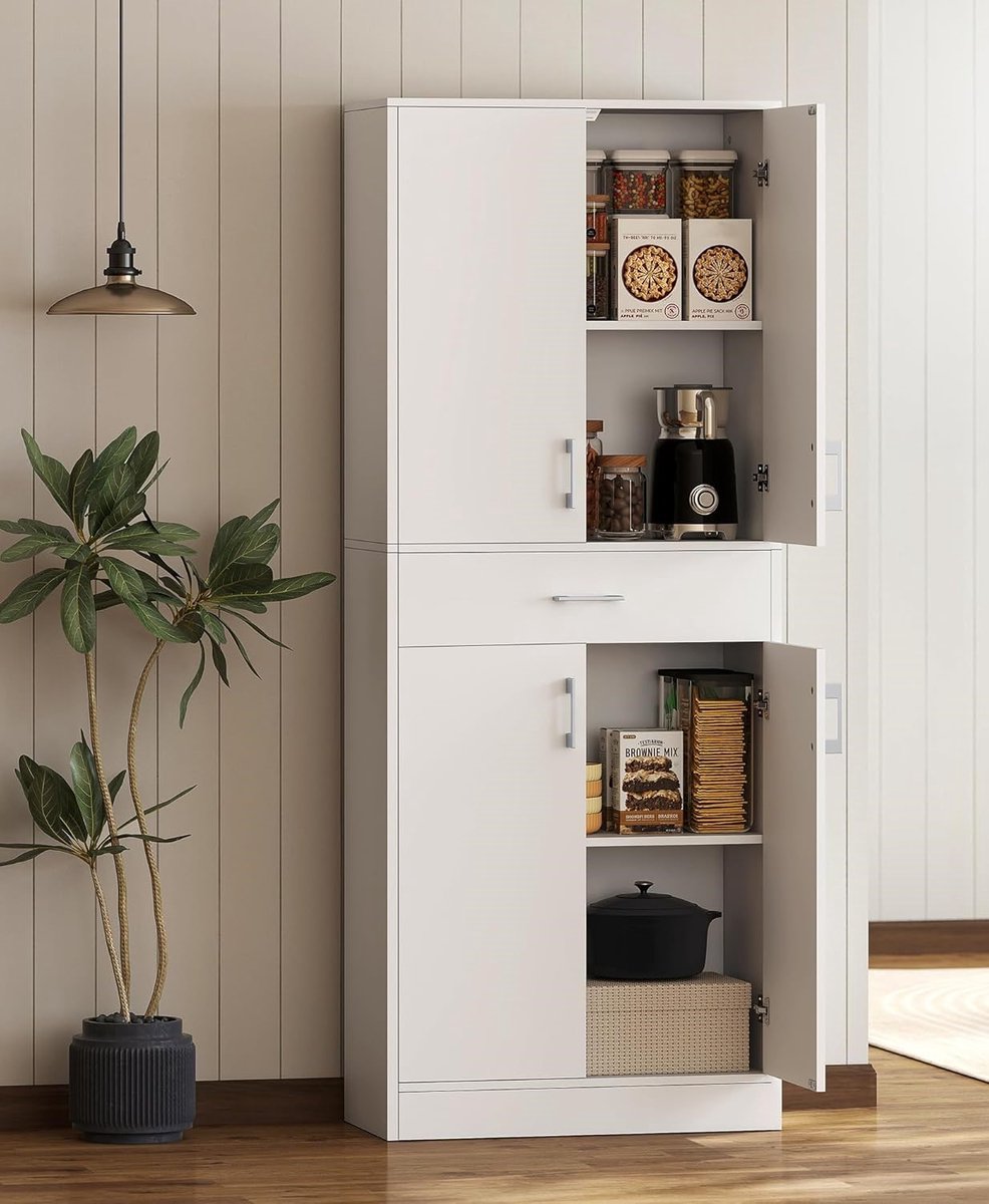 Moderne witte keukenkast met lade en verstelbare planken - Hoge opbergkast met 4 deuren, buffetkast voor keuken, eetkamer en woonkamer, 180 cm - Meda Home Store