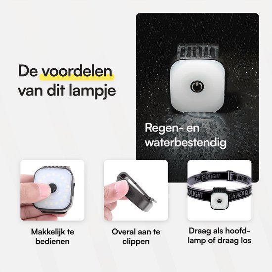 Voordelen GearGlow lampje: regen- en waterdicht, makkelijk te bedienen, overal aan te clippen, te dragen als hoofdlamp of los.