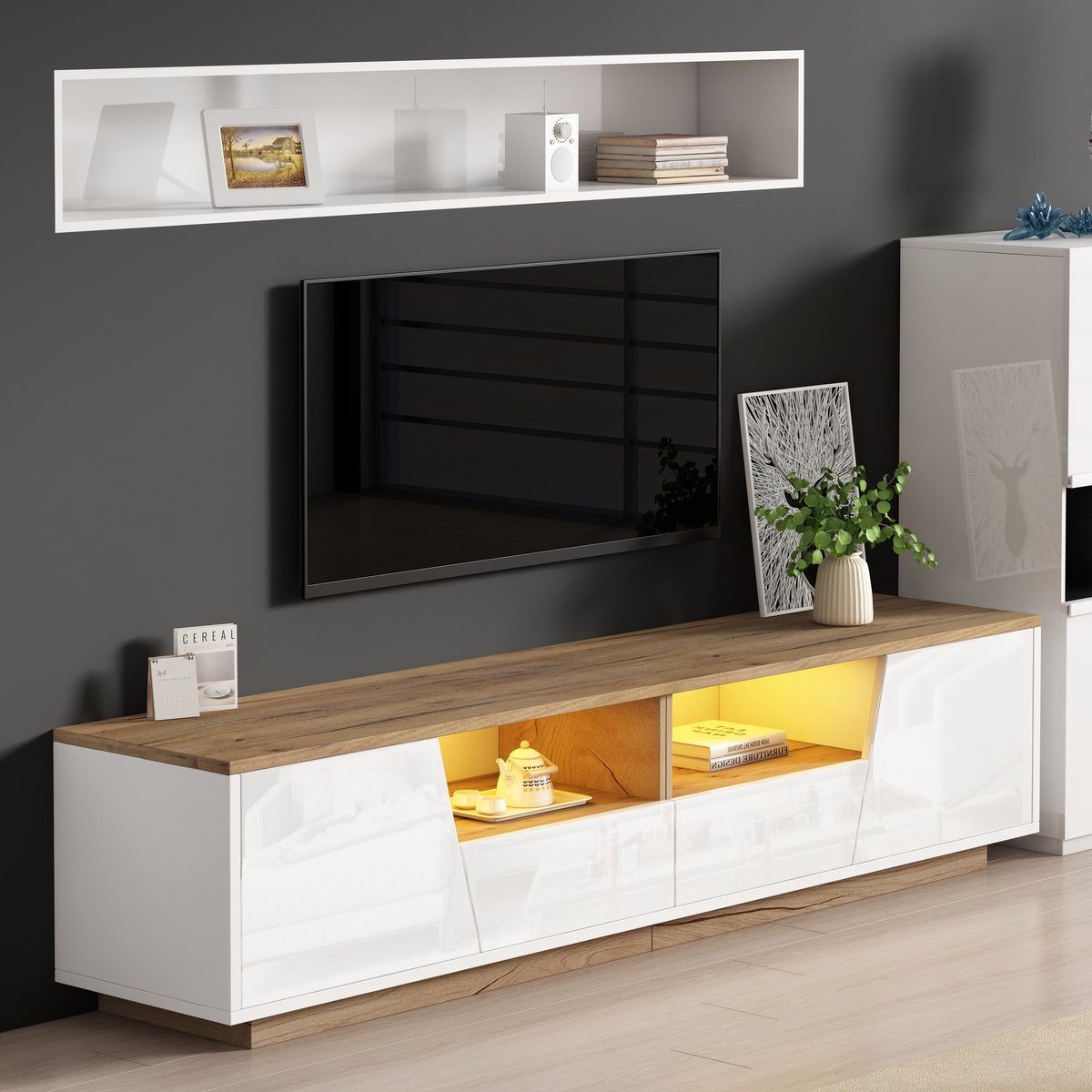 HAUSS SPOLE TV meubel - Hoogglans TV-Kast met LED-Verlichting, 2 Kasten, 2 Lade en 2 Open Vakken - Voor Woonkamer, Eetkamer en Slaapkamer - 180x40x46 cm - Spaanplaat - Houtkleur