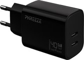 Dubbele usb C adapter - 40w GaN charger - Pps & pd3.0 - Snellader - Usb C oplader - Universeel - Zwart - Phreeze